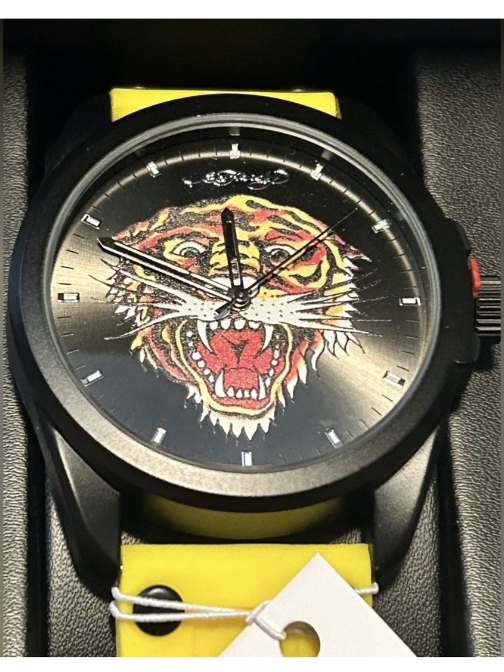 Ed Hardy Men's Black Watch with Yellow Strap and Multicolor Tiger Dial